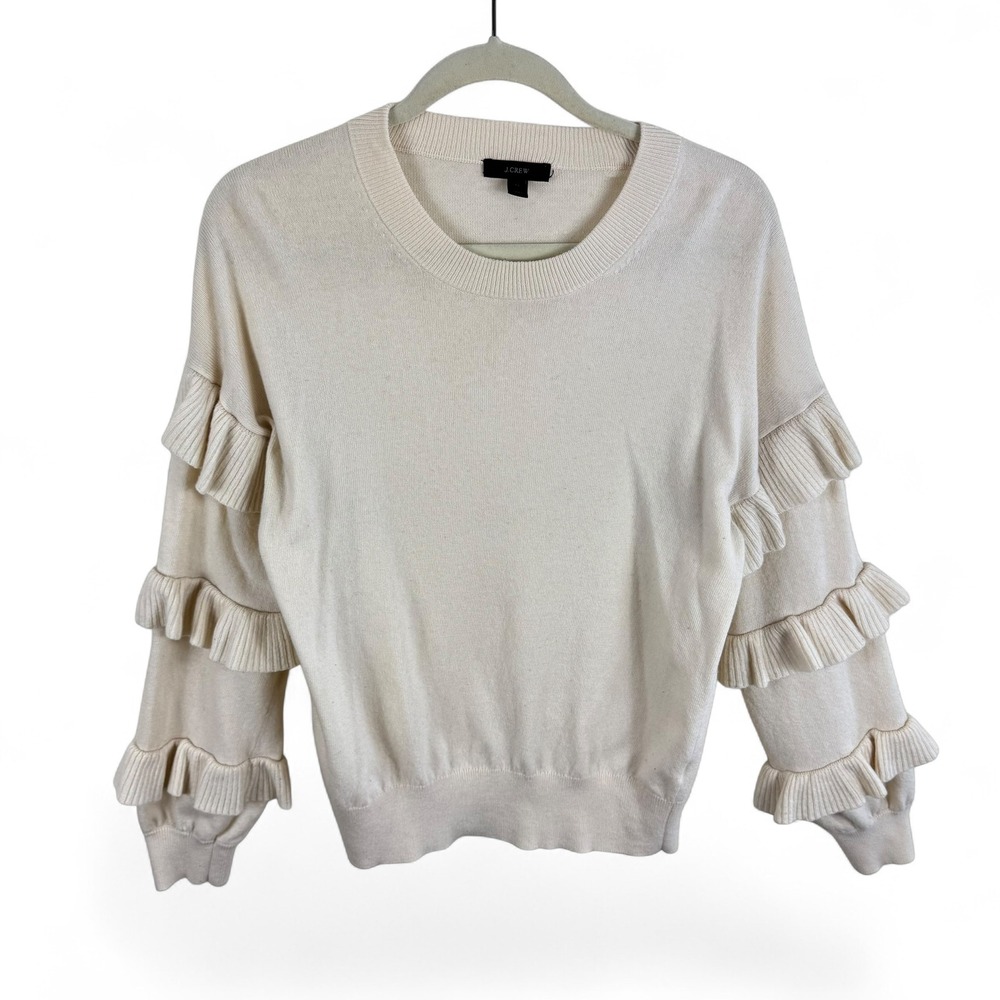 J.Crew Cream Wool Blend Ruffle Tiered Sleeve Crewneck Sweater Ivory Women Medium
